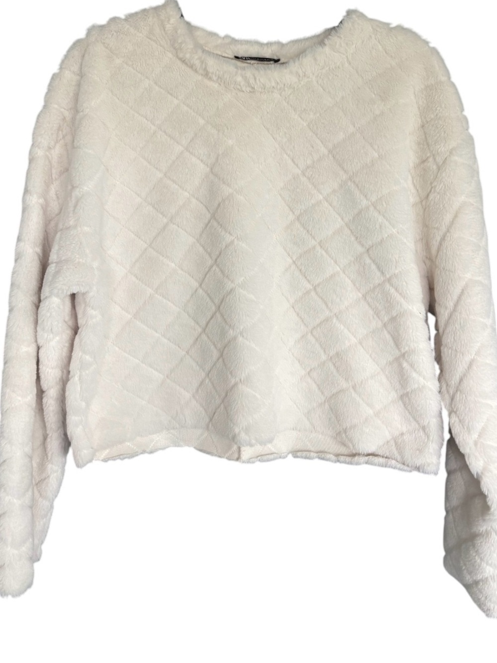 Zara Quilted Faux Fur Cropped Pullover Sweater Ivory Soft Plush Size M - Picture 3 of 6